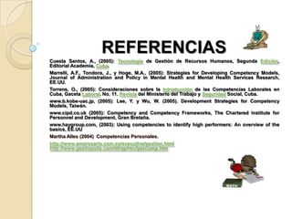 REFERENCIAS
Cuesta Santos, A., (2005): Tecnología de Gestión de Recursos Humanos, Segunda Edición,
Editorial Academia, Cuba.
Marrelli, A.F., Tondora, J., y Hoge, M.A., (2005): Strategies for Developing Competency Models,
Journal of Administration and Policy in Mental Health and Mental Health Services Research,
EE.UU.
Torrens, O., (2005): Consideraciones sobre la Introducción de las Competencias Laborales en
Cuba, Gaceta Laboral. No. 11. Revista del Ministerio del Trabajo y Seguridad Social, Cuba.
www.b.kobe-uac.jp, (2005): Lee, Y. y Wu, W. (2005). Development Strategies for Competency
Models, Taiwán.
www.cipd.co.uk (2005): Competency and Competency Frameworks, The Chartered Institute for
Personnel and Development, Gran Bretaña.
www.haygroup.com, (2003): Using competencies to identify high performers: An overview of the
basics, EE.UU
Martha Alles (2004) Competencias Personales.
http://www.empresario.com.co/executive/gestion.html
http://www.gestiopolis.com/dirgp/rec/gescomp.htm
 