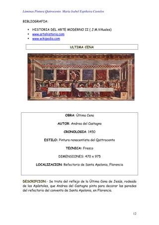 Láminas Pintura Qattrocento. María Isabel Espiñeira Castelos
12
BIBLIOGRAFIA:
HISTORIA DEL ARTE MODERNO II ( J.M.Viñuales)
www.artehistoria.com
www.wikipedia.com
ULTIMA CENA
OBRA: Última Cena
AUTOR: Andrea del Castagno
CRONOLOGIA: 1450
ESTILO: Pintura renacentista del Qattrocento
TECNICA: Fresco
DIMENSIONES: 470 x 975
LOCALIZACION: Refectorio de Santa Apolonia, Florencia
DESCRIPCION.- Se trata del reflejo de la Última Cena de Jesús, rodeado
de los Apóstoles, que Andrea del Castagno pinta para decorar las paredes
del refectorio del convento de Santa Apolonia, en Florencia.
 