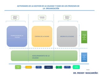 CONTROL DE LA CALIDAD MEJORA DE LA CALIDAD
PLANIFICACION DE LA
CALIDAD
DISEÑO DE
PROCESOS Y
SISTEMAS
OPERACIONES
COTIDIANAS
MEJORA DE
PROCESOS Y
SISTEMAS
PROCESOS DE
TODOS LOS
SISTEMAS
ACTIVIDADES DE LA GESTION DE LA CALIDAD Y FASES DE LOS PROCESOS DE
LA ORGANIZACIÓN
ASEGURAMIENTO DE LA
CALIDAD
PROVEE
DOR INSUMOS
LOGISTI
CA
IPROCESO
PRODUC
TO/
SERVICIO
CLIENTES/
USUARIOS
LOGISTIC
A
DE
GESTION
PROCESOS
DE TODOS
LOS
SISTEMAS
DE
GESTION
PROCESOS DEL
SISTEMA DE
CALIDAD
PROCESOS
DEL
SISTEMA
DE
CALIDAD
FM 2011
DR. FREDDY MASCAREÑO 2
 