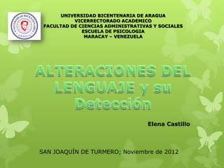 UNIVERSIDAD BICENTENARIA DE ARAGUA
VICERRECTORADO ACADEMICO
FACULTAD DE CIENCIAS ADMINISTRATIVAS Y SOCIALES
ESCUELA DE PSICOLOGIA
MARACAY – VENEZUELA

Elena Castillo

SAN JOAQUÍN DE TURMERO; Noviembre de 2012

 