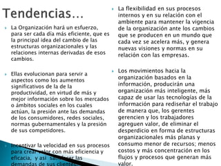  La flexibilidad en sus procesos
internos y en su relación con el
ambiente para mantener la vigencia
de la organización ante los cambios
que se producen en un mundo que
cada vez se acelera más, y genera
nuevas visiones y normas en su
relación con las empresas.
 Los movimientos hacia la
organización basados en la
información, producirán una
organización más inteligente, más
capaz de usar las tecnologías de la
información para rediseñar el trabajo
de manera que, los gerentes
gerencien y los trabajadores
agreguen valor, de eliminar el
desperdicio en forma de estructuras
organizacionales más planas y
consumo menor de recursos; menos
costos y más concentración en los
flujos y procesos que generan más
valor.
 La Organización hará un esfuerzo,
para ser cada día más eficiente, que es
la principal idea del cambio de las
estructuras organizacionales y las
relaciones internas derivadas de esos
cambios.
 Ellas evolucionan para servir a
aspectos como los aumentos
significativos de la de la
productividad, en virtud de más y
mejor información sobre los mercados
o ámbitos sociales en los cuales
actúan, la presión ante las demandas
de los consumidores, redes sociales,
normas gubernamentales y la presión
de sus competidores.
 Incentivar la velocidad en sus procesos
para crear valor con más eficiencia y
eficacia, y así satisfacer las
demandas de sus clientes.
 