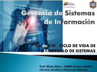 Unidad I:
Prof: Eliana Silva – UNEFA Núcleo Guatire
Carrera: Análisis y Diseño de Sistemas
Unidad IV : CICLO DE VIDA DE
DESARROLLO DE SISTEMAS
 