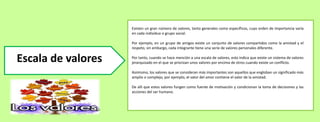 Existen un gran número de valores, tanto generales como específicos, cuyo orden de importancia varía
en cada individuo o grupo social.
Por ejemplo, en un grupo de amigos existe un conjunto de valores compartidos como la amistad y el
respeto, sin embargo, cada integrante tiene una serie de valores personales diferente.
Por tanto, cuando se hace mención a una escala de valores, esto indica que existe un sistema de valores
jerarquizado en el que se priorizan unos valores por encima de otros cuando existe un conflicto.
Asimismo, los valores que se consideran más importantes son aquellos que engloban un significado más
amplio o complejo, por ejemplo, el valor del amor contiene el valor de la amistad.
De allí que estos valores fungen como fuente de motivación y condicionan la toma de decisiones y las
acciones del ser humano.
Escala de valores
 