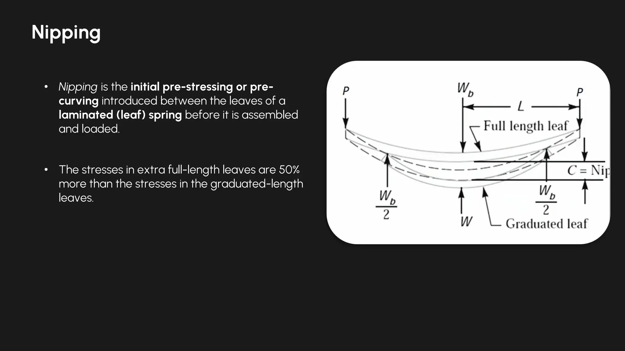 Nipping
• Nipping is the initial pre-stressing or pre-
curving introduced between the leaves of a
laminated (leaf) spring before it is assembled
and loaded.
• The stresses in extra full-length leaves are 50%
more than the stresses in the graduated-length
leaves.
 