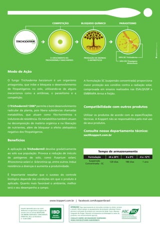 Modo de Ação 
COMPETIÇÃO BLOQUEIO QUÍMICO PARASITISMO 
O fungo Trichoderma harzianum é um organismo 
antagonista, que inibe e bloqueia o desenvolvimento 
de fitopatógenos no solo, utilizando-se de alguns 
mecanismos como a antibiose, o parasitismo e a 
competição. 
O Trichodermil 1306® permite o bom desenvolvimento 
radicular da planta, pois libera substâncias chamadas 
metabólitos, que atuam como fito-hormônios e 
indutores de resistência. Os metabólitos também atuam 
na decomposição de matéria orgânica e na liberação 
de nutrientes, além de bloquear o efeito alelopático 
negativo dos fitopatógenos. 
Benefícios 
A aplicação de Trichodermil devolve gradativamente 
ao solo sua população. Provoca a redução de inóculo 
de patógenos de solo, como Fusarium solani, 
Rhizoctonia solani e Sclerotinia sp, entre outros. Induz 
resistência a doenças e aumenta a produtividade. 
É Importante ressaltar que o sucesso do controle 
biológico depende das condições em que o produto é 
aplicado. Quanto mais favorável o ambiente, melhor 
será o seu desempenho a campo. 
HIFA DE Trichoderma 
HIFA DO fitopágeno 
Rhizoctonia 
A formulação SC (suspensão concentrada) proporciona 
maior proteção aos conídios contra a radiação solar, 
comprovada em ensaios realizados nas ESALQ/USP e 
EMBRAPA Arroz e Feijão. 
Compatibilidade com outros produtos 
Utilizar os produtos de acordo com as especificações 
técnicas. A Koppert não se responsabiliza pelo mal uso 
de seus produtos. 
Consulte nosso departamento técnico: 
sac@koppert.com.br 
Tempo de armazenamento 
Formulação 
Suspensão 
Concentrada - SC 
24 a 26ºC 4 a 0ºC -4 a -12ºC 
120 dias 180 dias 1 ano 
O CRESCIMENTO DO 
TRICHODERMIL É MAIS RÁPIDO 
PRODUÇÃO DE ENZIMAS 
E ANTIBIÓTICOS 
