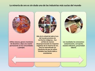 Utiliza cianuro, genera montones
de desechos y deja una cicatriz
permanente en las comunidades
y paisajes.
Más de la mitad de todo el oro
del mundo proviene de
territorios indígenas.. han
sufrido de manera
desproporcionada los impactos
negativos de la minería de oro.
Esto ha intensificado las
injusticias de que ya sufren
También han hecho daño a
ecosistemas
Los resultados los conocemos:
contaminación, corrupción,
evasión tributaria, precariedad
laboral.
La minería de oro es sin duda una de las industrias más sucias del mundo
 