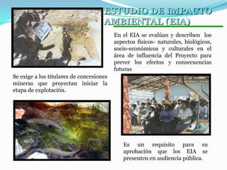ESTUDIO DE IMPACTO
AMBIENTAL (EIA)
En el EIA se evalúan y describen los
aspectos físicos- naturales, biológicos,
socio-económicos y culturales en el
área de influencia del Proyecto para
prever los efectos y consecuencias
futuras
Se exige a los titulares de concesiones
mineras que proyectan iniciar la
etapa de explotación.

Es un requisito para su
aprobación que los EIA se
presenten en audiencia pública.

 