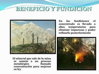 BENEFICIO Y FUNDICION
En
las
fundiciones
el
concentrado es llevado a
altas
temperaturas
para
eliminar impurezas y poder
refinarlo posteriormente

El mineral que sale de la mina
se somete a un proceso
metalúrgico
llamado
concentración para mejorar
su ley

 