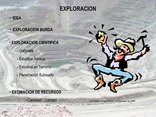 EXPLORACION
• EXPLORACION CIENTIFICA
- Gabinete
- Estudios Aéreos
- Estudios en Terreno
- Penetración Subsuelo
• EXPLORACION BURDA
• IDEA
• ESTIMACION DE RECURSOS
- Cantidad / Calidad • 1000 estudios  1 yacimiento / 100 yacimientos  1 MINA
 