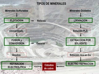 Minerales Sulfurados Minerales Oxidados
LIXIVIACION
Cátodos
de cobre
Relaves
Concentrado Solución PLS
Anodos
FUSION y
CONVERSION
REFINACION
ELECTROLITICA
FLOTACION
EXTRACCION POR
SOLVENTE
ELECTRO REFINACION
Escoria
Solución rica en Cu
TIPOS DE MINERALES
 