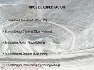 TIPOS DE EXPLOTACION
• Explotación a Tajo Abierto (Open Pit)
• Explotación por Canteras (Quarry Mining)
• Explotación Aluvial (Alluvial Mining)
• Explotación por Destape (Strip Mining)
• Explotación por Recolección (Harvesting Mining)
 