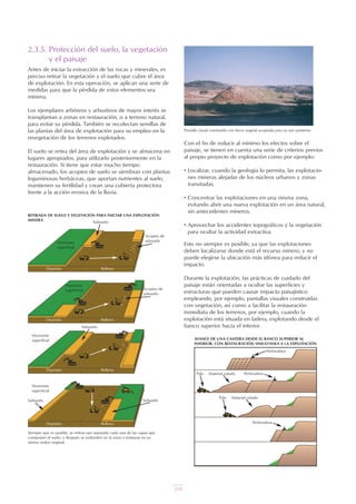 2.3.5. Protección del suelo, la vegetación
y el paisaje
Antes de iniciar la extracción de las rocas y minerales, es
preciso retirar la vegetación y el suelo que cubre el área
de explotación. En esta operación, se aplican una serie de
medidas para que la pérdida de estos elementos sea
mínima.
Los ejemplares arbóreos y arbustivos de mayor interés se
transplantan a zonas en restauración, o a terreno natural,
para evitar su pérdida. También se recolectan semillas de
las plantas del área de explotación para su empleo en la
revegetación de los terrenos explotados.
El suelo se retira del área de explotación y se almacena en
lugares apropiados, para utilizarlo posteriormente en la
restauración. Si tiene que estar mucho tiempo
almacenado, los acopios de suelo se siembran con plantas
leguminosas herbáceas, que aportan nutrientes al suelo,
mantienen su fertilidad y crean una cubierta protectora
frente a la acción erosiva de la lluvia.
Con el fin de reducir al mínimo los efectos sobre el
paisaje, se tienen en cuenta una serie de criterios previos
al propio proyecto de explotación como por ejemplo:
• Localizar, cuando la geología lo permita, las explotacio-
nes mineras alejadas de los núcleos urbanos y zonas
transitadas.
• Concentrar las explotaciones en una misma zona,
evitando abrir una nueva explotación en un área natural,
sin antecedentes mineros.
• Aprovechar los accidentes topográficos y la vegetación
para ocultar la actividad extractiva.
Esto no siempre es posible, ya que las explotaciones
deben localizarse donde está el recurso minero, y no
puede elegirse la ubicación más idónea para reducir el
impacto.
Durante la explotación, las prácticas de cuidado del
paisaje están orientadas a ocultar las superficies y
estructuras que pueden causar impacto paisajístico
empleando, por ejemplo, pantallas visuales construidas
con vegetación, así como a facilitar la restauración
inmediata de los terrenos, por ejemplo, cuando la
explotación está situada en ladera, explotando desde el
banco superior hacia el inferior.
Siempre que es posible, se retiran por separado cada una de las capas que
componen el suelo, y después se extienden en la zona a restaurar en su
mismo orden original.
Pantalla visual construida con tierra vegetal acopiada para su uso posterior.
AVANCE DE UNA CANTERA DESDE EL BANCO SUPERIOR AL
INFERIOR, CON RESTAURACIÓN SIMULTÁNEA A LA EXPLOTACIÓN
Horizonte
superficial
Horizonte
superficial
Horizonte
superficial
Horizonte
superficial
Subsuelo
Depósito Relleno
Depósito Relleno
Depósito Relleno
Depósito Relleno
Subsuelo
Subsuelo Subsuelo
Acopios de
subsuelo
Acopios de
subsuelo
RETIRADA DE SUELO Y VEGETACIÓN PARA INICIAR UNA EXPLOTACIÓN
MINERA
Perforadora
PerforadoraPala Material volado
Pala Material volado
Perforadora
UT 9 la miner a y el medio ambiente vr. 4.0.qxp 02/03/2007 12:21 PÆgina 12
210
 