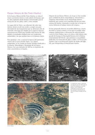 Parque Minero de Río Tinto (Huelva)
En la Cuenca Minera de Río Tinto (Huelva), se sitúa el
mayor yacimiento minero a cielo abierto de Europa, que
ha sido explotado desde tiempos inmemoriales para la
extracción de oro, plata, cobre y otros metales.
Las aguas del río Tinto y sus afluentes, de color rojo
intenso, tienen un pH muy ácido y acogen una gran
diversidad de microorganismos que se alimentan sólo de
minerales. Este lugar fue elegido por la agencia espacial
norteamericana NASA para estudiar estas formas de vida,
debido a la probable similitud entre sus condiciones
ambientales y las que podrían darse en el planeta Marte.
Para gestionar y dar a conocer la riqueza del patrimonio
minero de la cuenca de Río Tinto y sus valores
ambientales, se ha creado un Parque Temático dedicado a
la Minería, Mineralurgia y Metalurgia de la Cuenca
Minera. Con una extensión de 900 ha, es el primero de
estas características en España.
Dispone de un Museo Minero, en el que se han reunido
gran cantidad de piezas arqueológicas, instrumentos y
máquinas relacionadas con la Arqueología Minero-
Industrial, que cuenta con la reproducción de una mina
romana de interior, construida a escala real, en la que se
recrea fielmente el trabajo minero de la época.
Se han preparado diversos recorridos didácticos a través
de toda la comarca minera, en los que es posible visitar
antiguas explotaciones y elementos de especial interés
como la Corta Atalaya, que es la mina a cielo abierto más
grande de Europa; la Necrópolis Romana de la Dehesa,
enterramiento del S.II d.C. que pertenece a un poblado
dedicado a la extracción de plata y cobre; o el Ferrocarril
Turístico, que es un ferrocarril minero de finales del siglo
XIX, que transportaba el mineral hasta Huelva.
La explotación minera continuada
a lo largo de más de 5.000 años de
historia ha originado un peculiar
paisaje y unas condiciones
ambientales excepcionales, que
han motivado la declaración en
2004 del Paisaje Protegido de Río
Tinto.
Corta Atalaya.
UT 9 la miner a y el medio ambiente vr. 4.0.qxp 02/03/2007 12:30 PÆgina 22
220
 