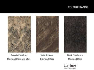 COLOUR RANGE




   Breccia Paradiso     Slate Sequoia   Black Fossilstone
DiamondGloss and Matt   DiamondGloss     DiamondGloss
 