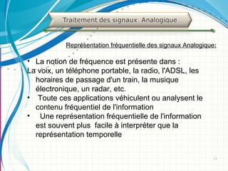 11
• La notion de fréquence est présente dans :
La voix, un téléphone portable, la radio, l'ADSL, les
horaires de passage d'un train, la musique
électronique, un radar, etc.
• Toute ces applications véhiculent ou analysent le
contenu fréquentiel de l'information
• Une représentation fréquentielle de l'information
est souvent plus facile à interpréter que la
représentation temporelle
Représentation fréquentielle des signaux Analogique:
 