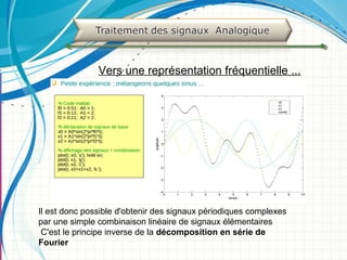Vers une représentation fréquentielle ...
Il est donc possible d'obtenir des signaux périodiques complexes
par une simple combinaison linéaire de signaux élémentaires
C'est le principe inverse de la décomposition en série de
Fourier
 