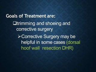 Goals of Treatment are:
trimming and shoeing and
corrective surgery
Corrective Surgery may be
helpful in some cases (dorsal
hoof wall resection DHR)
 