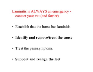 Laminitis is ALWAYS an emergency -
  contact your vet (and farrier)

• Establish that the horse has laminitis

• Identify and remove/treat the cause

• Treat the pain/symptoms

• Support and realign the feet
 