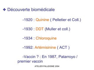 ✦ Découverte biomédicale

         -1920 : Quinine ( Pelletier et Coll.)

         -1930 : DDT (Muller et coll.)

         -1934 : Chloroquine

         -1992: Artémisinine ( ACT )

         -Vaccin ? : En 1987, Patarroyo /
      premier vaccin
                ATELIER PALUDISME 2004
 