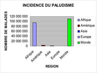 INCIDENCE DU PALUDISME
NOMBRE DE MALADES
                    120 000 000
                    100 000 000                            Afrique
                     80 000 000                            Amérique
                     60 000 000                            Asie
                     40 000 000                            Europe
                     20 000 000                            Monde
                              0
                            Am ue




                                    pe

                                    de
                                     ie
                                    ue
                                 As
                                r iq




                                 ro
                                 iq




                                on
                               ér



                              Eu
                              Af




                              M           REGION
                                  ATELIER PALUDISME 2004
 