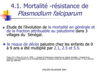 4.1. Mortalité -résistance de
                Plasmodium falciparum
  Etude de l’évolution de la mortalité en générale et
  de la fraction attribuable au paludisme dans 3
  villages du Sénégal.

✦ le risque de décès palustre chez les enfants de 0
  à 9 ans a été multiplié par 2.1, 2.5 et 5.5.

  Trape (J.F.), Pison (G.),et al., 1998. – « Impact of chloroquine resistance on malaria mortality » (impact de la
  résistance à la chloroquine sur la mortalité palustre), Comptes rendus de l’Académie des Sciences, n° 321, Elsevier,
  Paris, pp. 689-697.




                                                 ATELIER PALUDISME 2004
 