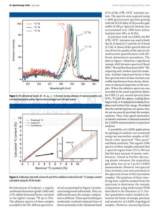 34 Spectroscopy 29(6) June 2014 www.spectroscopyonline.com
BorAluminum (Ceradyne), a regular
unalloyed aluminum (grade 1100) with
4.5% added elemental boron, enriched
in the lighter isotope 10B up to 95%.
The ablation spectra of these samples
recorded in the 591–608 nm spectral in-
terval are presented in Figure 1 (contin-
uum background subtracted). They are
different because the isotopic composi-
tion is different. These spectra belong to
moderately resolved rotational lines of
boron monoxide in the vibrational band
(0-3) of the A2Πi→X2Σ+ emission sys-
tem. The spectra were acquired using
a 1800-grooves/mm (gr/mm) grating
with the ICCD delay of 10 µs and a gate
width of 100 µs. Spectral intensity was
accumulated over 1000 laser pulses
(analysis time 100 s at 10 Hz).
In previous work on LAMIS, the BO
A2Πi→X2Σ+ emission was used at both
the (0-2) band (4,7) and the (0-3) band
(2,7,10). A choice of the spectral interval
was driven by quality of the spectra for
multivariate quantification with dif-
ferent chemometric procedures. The
data in Figure 1 illustrate a significant
isotopic shift between spectra of Boral
(80% 11B) and BorAluminum (95% 10B),
requiring only modest spectral resolu-
tion. Another important factor is that
this spectral interval does not have any
visible interferences from atomic alumi-
num or chemical impurities in the sam-
ples. When the ablation spectrum was
recorded at the usual acquisition delays
for LIBS (<1 µs), several spectral lines
of Fe, Ti, and Mn atoms coming from
impurities in borated aluminum were
observed within this range. Provided
that the interfering lines are sparse, they
do not necessarily preclude the isotopic
analyses. Thus, time-gated attenuation
of atomic emission is deemed essential
for LAMIS measurements in practical
analyses.
A possibility of LAMIS applications
for geological analysis was examined
using two tourmaline samples of dif-
ferent color (greenish “blue grass”
and black minerals). The regular LIBS
spectra of these samples indicated that
a spectral region from 572 to 585 nm
had the least amount of atomic inter-
ferences. Aimed at further decreas-
ing atomic emission, the acquisition
gate delay was set at 3 µs for LAMIS
measurements. However, two spectral
lines of atomic iron were persistent in
the spectrum of one of the tourmaline
samples. The positions of these inter-
fering lines could be masked from the
spectrum to determine the isotopic
composition using multivariate PLSR
described in the literature (2,7). Fur-
ther quantitative work is needed to de-
termine the limits of isotopic precision
and sensitivity in LAMIS of geological
samples. However, measuring boron
100
80
60
40
20
0
Emissionintensity
Wavelength (nm)
355 356 357 358 359 360 361
12 14
12 15
13 14
Figure 3: CN vibrational bands (B→X; Δν = –1) formed during ablation of natural graphite and
enriched benzamide pellets. Spectra were averaged over 100 laser pulses.
10
9
8
7
6
5
4
3
2
1
0
1.5
1.0
0.5
0.5 1.0 2.01.5
Calculated13
Ccontent(%)
Calculated13
Ccontent(%)
Nominal 13
C content (%)
Predicted 13
C
Linear fit
Confidence
Natural
0 1 2 3 4 5 6 7 8 9 10
Figure 4: Calibration plot with a linear fit and 95% confidence interval for the 13C isotopic content
calculated using the PLSR model.
 