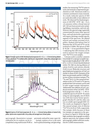 38 Spectroscopy 29(6) June 2014 www.spectroscopyonline.com
spectrograph. Quantitative isotopic
calibration for ice analysis can be ac-
complished using multivariate PLSR as
previously realized for water vapor (6).
Isotopic analysis of ice is the main
tool in paleoclimatology and glaciology
studies, but measuring 18O/16O ratios in
rocks and minerals is important for geo-
chemists as well. Aluminum oxide is a
common constituent in many minerals.
As a result, molecular spectra of AlO
are easily detectable in laser ablation of
rocks. We observed five band progres-
sions of AlO B2Σ+→X2Σ+ (Δν = 0,±1,
±2) emission within a broad interval
445–545 nm from several rocks includ-
ing feldspar, tourmaline, and rock salt.
However, this spectral range is generally
contaminated by many other spectral
lines, and each particular experiment
will require choosing a smaller specific
segment of the spectrum. We ablated
natural and isotope-enriched Al2O3
pellets, flushed with helium flow to
illustrate that Al18O and Al16O can be
resolved in LAMIS. The spectra of AlO
B→X (Δν = +1) are presented in Figure
7, indicating that AlO emission can be
used to measure the oxygen isotopic
ratio 18O/16O in rock samples.
Calcium oxide is another common
constituent of rocks and minerals. Sev-
eral emission bands of CaO A1Σ+→X1Σ+
(2-0, 1-0, 0-0, 0-1) were clearly observed
within 765–960 nm during ablation of
calcite (CaCO3) and calcium chloride
(CaCl2) in air. Molecular structure and
spectrophysical properties of CaO are
similar to those of SrO. Emission of the
latter was previously used for LAMIS de-
tection of three strontium isotopes (88Sr,
87Sr, and 86Sr) (3–5). Our numerical sim-
ulation of the Ca18O and Ca16O spectra
predicted that CaO emission can be used
to infer oxygen isotopic information.
Additionally, laser ablation of CaCl2 pro-
duced emission of the CaCl B2Σ+→X2Σ+
band progression with Δν = –1. We re-
corded the spectra of CaCl B→X system
using two spectrographs, one of which
was 1250-mm Czerny-Turner spectro-
graph (Horiba JY) and the other one
was an echelle spectrograph EMU-65.
The results are displayed in Figure 8.
The natural isotopic ratio of chlorine
37Cl/35Cl is 24.2% to 75.8%, respectively.
The isotopic shifts because of these
two isotopes are apparent in the spec-
tra shown in Figure 8. While the large
high-resolution spectrograph recorded a
superior spectrum, the compact echelle
spectrograph yielded sufficient resolu-
tion for LAMIS measurements.
200
150
100
50
0
Emissionintensity
Wavelength (nm)
464 465 466 467 468 469 470 471 472 473 474 475 476
AI16
O+AI18
O
AI16
O
AI16
O
AI16
O
AI18
O
AI18
O
Figure 7:EmissionspectraofAlOvibrationalbandprogression(B→X;Δν =+1)formedduringablation
of Al2O3 natural and 18O-enriched pellets. Spectra were acquired with a 20-µs delay and averaged over
100 laser pulses.
150
100
50
Emissionintensity
Wavelength (nm)
579 580 581 582 583 584
35
37
Figure 8: Spectra of CaCl band progression (B→X; Δν = –1) formed during ablation of natural CaCl2
pellets. Spectra were acquired with a 20-µs delay and averaged over 20 laser pulses.
 