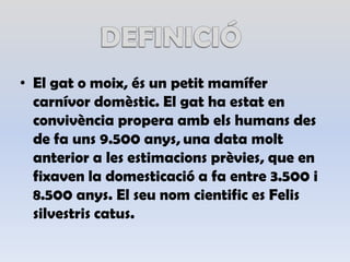 DEFINICIÓEl gat o moix,és un petitmamífercarnívordomèstic. El gat ha estat en convivènciaproperaambelshumans des de fa uns 9.500 anys,una data molt anterior a les estimacionsprèvies, que en fixaven la domesticació a fa entre 3.500 i 8.500 anys. El seunomcientific es Felissilvestriscatus.