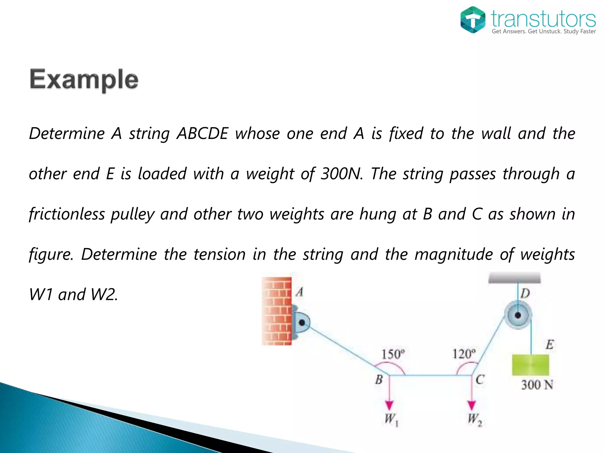 Determine A string ABCDE whose one end A is fixed to the wall and the
other end E is loaded with a weight of 300N. The string passes through a
frictionless pulley and other two weights are hung at B and C as shown in
figure. Determine the tension in the string and the magnitude of weights
W1 and W2.