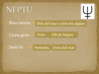 Blau intensLluna granSatèl·litNEPTÚDéu del mar i totes les aigüesTritóFill de NeptúOnes del marNereides