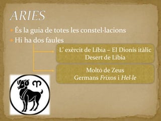 És la guia de totes les constel·lacionsHi ha dos faulesARIESL’ exèrcit de Líbia – El Dionís itàlicDesert de LíbiaMoltó de ZeusGermans Frixos i Hel·le