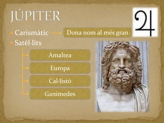Carismàtic Satèl·litsJÚPITERDona nom al més granAmalteaEuropaCal·listóGanimedes