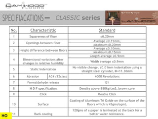 No.          Characteristic                                    Standard
      1          Squareness of floor                                 ≤0.20mm
                                                                Average ≤0.15mm,
      2        Openings between floor
                                                                Maximum≤0.20mm
                                                                Average ≤0.10mm,
      3    Height difference between floors
                                                                Maximum≤0.15mm
                                                              Length average ≤0.9mm
      4      Dimensional variations after
                                                               Width average ≤0.9mm
             changes in relative humidity
                                                  No visible change, ≤0.01mm indentation using a
      5           Static Indentation
                                                        straight steel cylinder, Φ=11.30mm
      6        Abrasion           AC4 /32class                    4000 Revolutions
      7         Formaldehyde release                                     E1
      8          H D F specification                   Density above 880kg/cm3, brown core
      9                   Click                                     Double Click

                                                 Coating of Aluminum Tri Oxide on the surface of the
     10                Surface                               floors which is 45gms/sqmt.
                                                  120gms of a paper is laminated at the back for a
     11             Back coating                             better water resistance.
HO
 