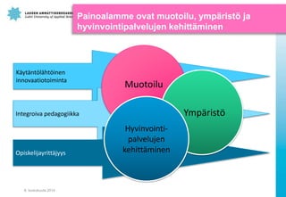 8. toukokuuta 2014
12
K?yt?nt?l?ht?inen
innovaatiotoiminta
Integroiva pedagogiikka
Opiskelijayritt?jyys
Muotoilu
Ymp?rist?
Hyvinvointi-
palvelujen
kehitt?minen
Painoalamme ovat muotoilu, ymp?rist? ja
hyvinvointipalvelujen kehitt?minen
 