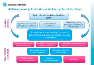 Hallitusohjelma ja korkeakoululaitoksen yhteiset tavoitteet
Suomalainen korkeakoululaitos on vuonna
2020 nykyist? laadukkaampi, kansainv?lisempi
ja tehokkaampi
Vahvat korkeakouluyksik?t
osaamisen perustana
Laadukkaasta koulutuksesta
nopeammin ty?el?m??n
Tutkimuksella ja innovaatiotoiminnalla
kilpailukyky?, hyvinvointia ja vaikuttavuutta
Kansainv?listyminen
laadun turvaajana
Korkeakouluyhteis?n
kehitt?minen
YO/AMK teht?v?,
painoalat ja profiilit
Keskeiset
kehitt?miskohteet
RAHOITUS
K?yhyyden, eriarvoisuuden
ja syrj?ytymisen est?minen
Julkisen talouden
vakauttaminen
Kest?v?n talouskasvun,
ty?llisyyden ja kilpailukyvyn
vahvistaminen
Avoin, oikeudenmukainen ja rohkea
Suomi
HALLITUS-
OHJELMA
OKM-YO/AMK
sopimukset
 