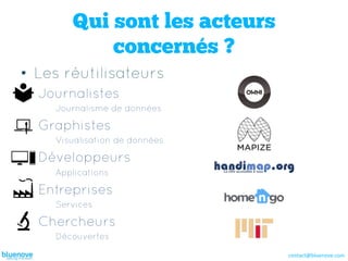 Qui sont les acteurs
            concernés ?
•  Les réutilisateurs
  Journalistes
     Journalisme de données

  Graphistes
     Visualisation de données

  Développeurs
     Applications

  Entreprises
     Services

  Chercheurs
     Découvertes

                                contact@bluenove.com	
  
 