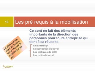 Ce sont en fait des éléments
importants de la direction des
personnes pour toute entreprise qui
tient à sa réussite:
Le leadership
L’organisation du travail
Les pratiques de GRH
Les outils de travail
Les pré requis à la mobilisation13
 