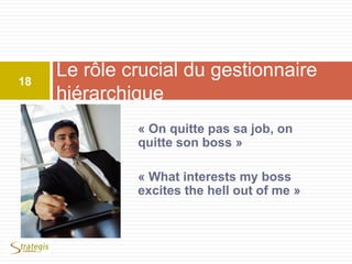 « On quitte pas sa job, on
quitte son boss »
« What interests my boss
excites the hell out of me »
Le rôle crucial du gestionnaire
hiérarchique
18
 