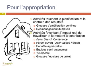 Pour l’appropriation
 Activités touchant la planification et le
contrôle des résultats
 Groupes d’amélioration continue
 Réaménagement du travail
 Activités favorisant l’impact réel du
travailleur et le mettant à contribution
 Futur Search Conference
 Forum ouvert (Open Space Forum)
 Enquête appréciative
 Équipes semi autonomes
 World café
 Groupes / équipes de projet
33
 
