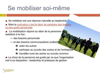 Se mobiliser soi-même
Se mobiliser est une réponse naturelle au leadership
Mais la motivation c’est le désir de satisfaire des besoins
ou des goûts personnels
La mobilisation répond au désir de la personne de
satisfaire à la fois :
--- des besoins personnels
--- et des besoins communautaires (collectifs)
 aider les autres
 participer au succès des autres et de l’entreprise
 travailler avec les autres au succès commun
Le choix de la personne est guidé par ce que l’organisation
met à sa disposition : leadership et pratiques de gestion
5
 