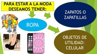 PARA ESTAR A LA MODA
DESEAMOS TENER:
OBJETOS DE
UTILIDAD:
CELULAR
ROPA
ZAPATOS O
ZAPATILLAS