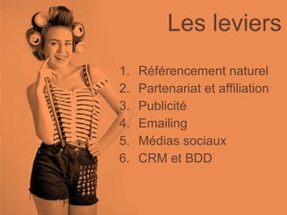 Les leviers Référencement naturel Partenariat et affiliation Publicité Emailing Médias sociaux CRM et BDD 