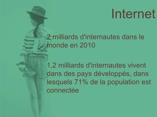 Internet 2 milliards d'internautes dans le monde en 2010 1,2 milliards d'internautes vivent dans des pays développés, dans lesquels 71% de la population est connectée 