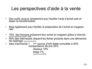 Les perspectives d’aide à la vente Des outils conçus simplement pour faciliter l’acte d’achat web et doper la transformation Mais également pour faciliter la préparation de l’achat en magasin réel 75%  des français préparent leur achat en magasin grâce à internet  (source Lightspeed research, 2008) 40% des internautes cliquent les fiches produits dans une démarche de repérage  (source fevad 2010) sites marchands = 1 ère  source d’info fiable consultée à 45%  comparateurs de prix 24% réseaux 10% blogs 7% (source Fevad 2009) 
