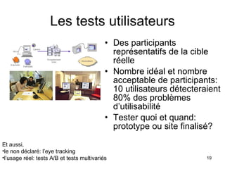 Les tests utilisateurs Des participants représentatifs de la cible réelle Nombre idéal et nombre acceptable de participants: 10 utilisateurs détecteraient 80% des problèmes d’utilisabilité Tester quoi et quand: prototype ou site finalisé? Et aussi,  le non déclaré: l’eye tracking l’usage réel: tests A/B et tests multivariés 