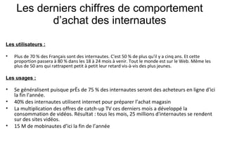 Les derniers chiffres de comportement d’achat des internautes Les utilisateurs : Plus de 70 % des Français sont des internautes. C'est 50 % de plus qu'il y a cinq ans. Et cette proportion passera à 80 % dans les 18 à 24 mois à venir. Tout le monde est sur le Web. Même les plus de 50 ans qui rattrapent petit à petit leur retard vis-à-vis des plus jeunes.  Les usages : Se généralisent puisque près de 75 % des internautes seront des acheteurs en ligne d'ici la fin l'année. 40% des internautes utilisent internet pour préparer l’achat magasin La multiplication des offres de catch-up TV ces derniers mois a développé la consommation de vidéos. Résultat : tous les mois, 25 millions d'internautes se rendent sur des sites vidéos. 15 M de mobinautes d’ici la fin de l’année 