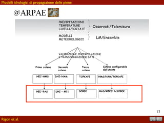 !13
I modelli idrologici
• HEC – HMS
(SMA model, Bennett, 1985)
• DHI – NAM
(NAM model, S.A. Nielsen and E. Hansen, 1973)
• TOPKAPI
(TOPKAPI model, Todini 1995)
DATA INFORMATION
INFORMATION KNOWLEDGE
@ARPAE
Rigon et al.
Modelli idrologici di previsione del deﬂusso
 