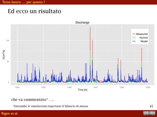 !41
Matematica comune a tanti problemi
Lo diciamo perché c’è una quantità di letteratura sui
sistemi dinamici
dalla quale si potrebbero trarre indicazioni su come trattare questi
sistemi, su come comportarsi con i parametri e su come eliminare
variabili ridondanti.
I nostri sistemi dinamici sono aperti (hanno inputs e outputs), non-
lineari (le equazioni sono non lineari), parametriche (la “qualità” delle
soluzioni dipende dai parametri).
Rigon et al.
 