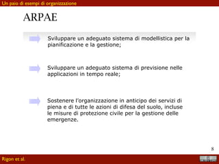 !8
Sviluppare un adeguato sistema di modellistica per la
pianificazione e la gestione;
Sviluppare un adeguato sistema di previsione nelle
applicazioni in tempo reale;
Sostenere l’organizzazione in anticipo dei servizi di
piena e di tutte le azioni di difesa del suolo, incluse
le misure di protezione civile per la gestione delle
emergenze.
Gli obiettivi del progetto
Rigon et al.
Un paio di esempi di organizzazione
@ARPAE
 