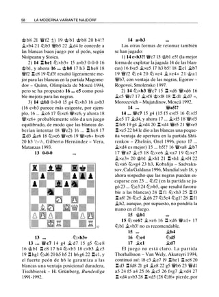 58 LA MODERNA VARIANTE NAJDORF
@ b8 21 � f2 t) 1 9 <ii;> b l @ b8 20 b4 ! ?
�xb4 2 1 lllb3 �bS 22 �d4 le concede a
las blancas buen juego por el peón, según
Nisipeanu y Stoica.
2) 14 n hel lllxb3+ lS axb3 0-0-0 1 6
@bl , y ahora 16 . .. @b8 1 7 h 3 ll he8 1 8
�f2 ll c8 19 lllf3! resultó ligeramente me­
jor para las blancas en la partida Magome­
dov - Quino, Olimpiada de Moscú 1 994,
pero se ha propuesto 16 ... e5 como posi­
ble mejora para las negras.
3) 14 @bl 0-0-0 IS g4 lllxb3 1 6 axb3
(16 cxb3 parece más exigente, por ejem­
plo, 16 ... �c6 17 lllxc6 �xc6, y ahora 18
�xc6+ probablemente sólo da un juego
equilibrado, de modo que las blancas de­
berían intentar 18 �e2) 16 ... ll he8 1 7
ll d3 .tc6 18 lllxc6 �xc6 19 �xc6+ bxc6
20 h3 'h-'h, Gilberto Hernández - Vera,
Matanzas 1993.
13 0-0-0
13 lllxb3+
13 ... � c7 1 4 g4 � d7 l S gS lll e8
1 6 @ b l ll c8 1 7 h4 lll xb3 1 8 cxb3 �cS
19 ll hgl llld6 20 hS bS 21 h6 g6 22 llcl, y
el fuerte peón de h6 le garantiza a las
blancas una ventaja posicional duradera,
Tischbierek - H. Grünberg, Bundesliga
1991-1992.
14 axb3
Las otras formas de retomar también
se han jugado:
1 ) 14 cxb3?! �c7 lS @bl eS! (la mejor
forma de explotar la jugada 14 de las blan­
cas) 1 6 fxeS .txeS 17 h3 bS! 18 ll cl �b7
1 9 �f2 lll e4 20 lll xe4 � xe4+ 2 1 @ a l
�b7, con ventaja de las negras, Egorov -
Rogovoi, Smolensko 1997.
2) 14 lll xb3 �c7 I S ll xd6 �xd6 1 6
jg,,cS �c7 17 jg,,xf8 @xf8 18 ll dl �d7 = ,
Morozevich - Mujutdinov, Moscú 1992.
14 ... �a5!?
14 ... �c7 lS g4 (lS fS exfS 16 lllxfS
.tes 1 7 �d4, y ahora 17 ... �xfS 18 �xfS
ll fe8 19 g4 jg,,xd4 20 ll xd4 �eS 2 1 �xeS
ll xeS 22 h4 le dio a las blancas una peque­
ña ventaja de apertura en la partida Shti­
renkov - Zhelnin, Ore! 1 996, pero 17 ...
�xd4 es mejor) lS ... bS!? 16 �xa8 �b7
1 7 � a7 � es 1 8 lll xe6 � xa7 1 9 lll xc7
�xe3+ 20 @bl �xhl 21 ll xhl �xf4 22
lllxa6 lllxg4 23 h3, Kobalija - Sadvaka­
sov, Cala Galdana 1996, Mundial sub 18, y
ahora sospecho que las negras pueden es­
caparse con 23 ... lllf2 (en la partida se ju­
gó 23 ... llle3 24 lllxbS, que resultó favora­
ble a las blancas) 24 ll fl lllxh3 2S ll f3
n a8! 26 lllcS �d6 27 lZJSe4 lllgl ! 28 n f1
�h2, aunque, por supuesto, no pondría la
mano en el fuego.
15 @bl
15 lll xe6? �xe6 1 6 ll xd6 �al+ 1 7
lllbl .txb3! no es recomendable.
15 �b4
16 llle4 llld5
17 .tcl .td7
El j uego no está claro. La partida
Thorhallsson - Van Wely, Akureyri 1994,
continuó así: 18 c3 .te7 19 ll hel ll ac8 20
ll d3 ll fd8 21 g4 �e8 22 gS �b6 23 �dl
aS 24 fS a4 2S f6 �cS 26 fxg7 �xd4 27
ll xd4 axb3 28 ll xdS (28 lllf6+ pierde, por
 